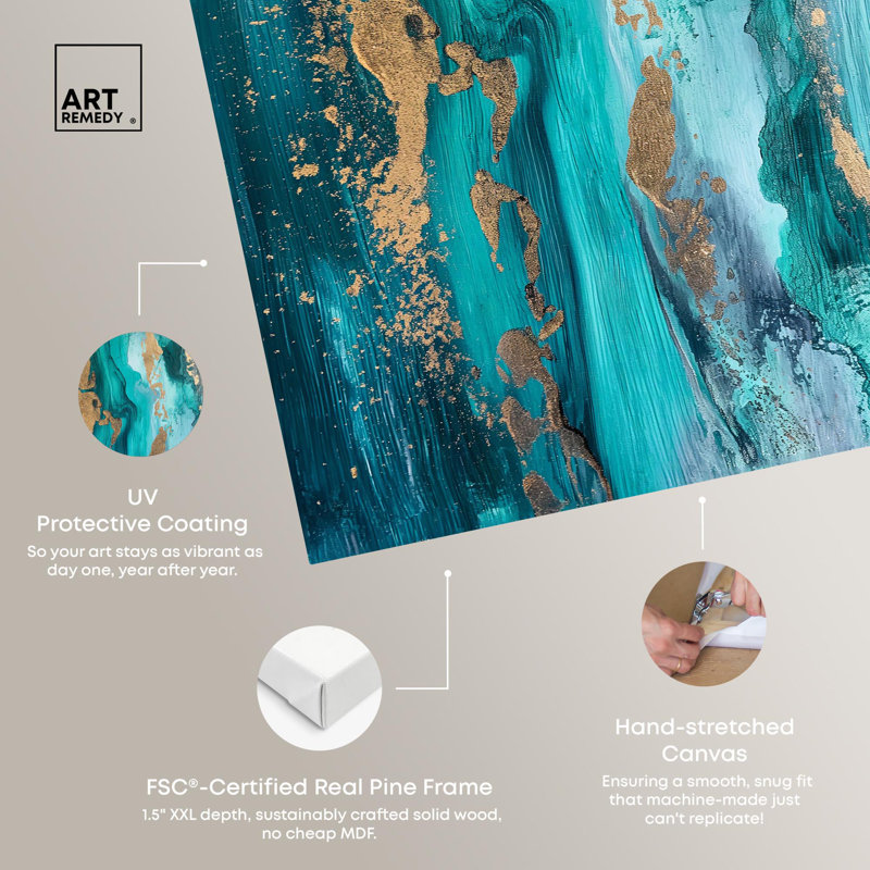 Sea Blue and Gold Abstract Canvas Wall Art, 15" x 10"
