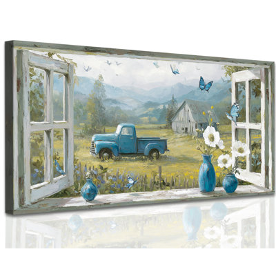 Farmhouse Wall Art Rustic Canvas Picture, Vintage Blue Truck and Flower Scene, Countryside Landscape Artwork Decor for Bedroom and Living Room, 12x24 inches