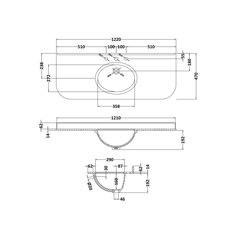 Nuie 12200mm L x 4700mm W Marble Oval Sink with Overflow, Black