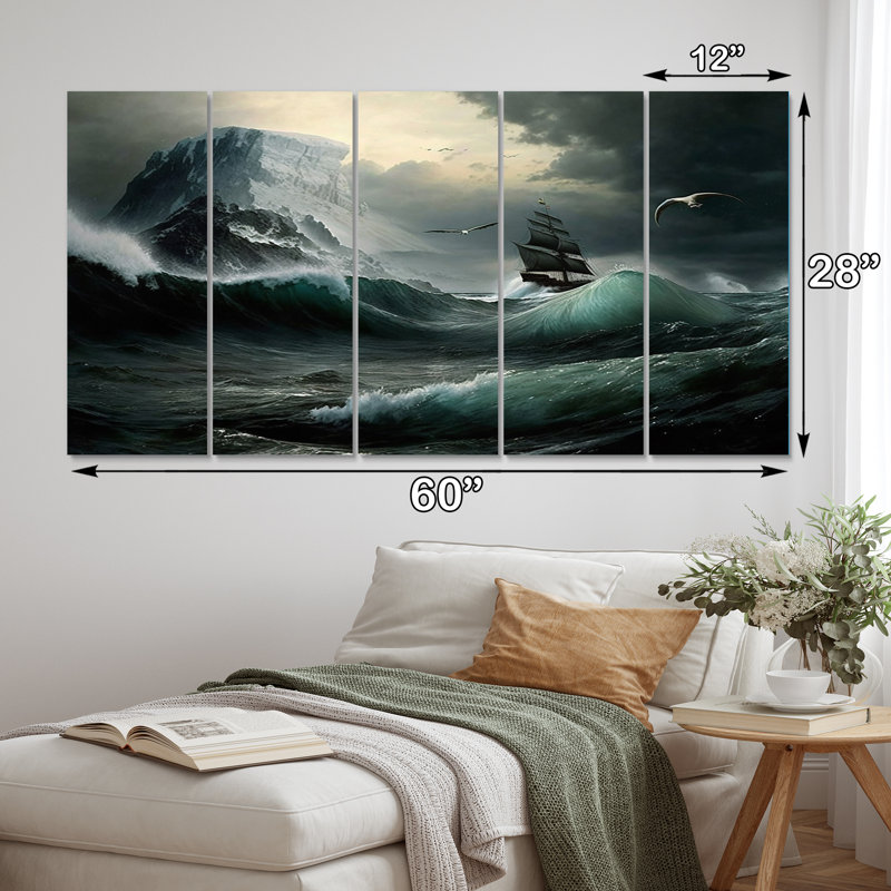 Voilier sur les vagues sauvages de la haute mer - impression d'art mural vagues côtières - 5 panneaux égaux