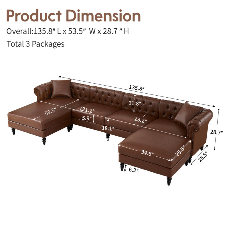 135.8" Wide Left Hand Facing Sofa & Chaise With Ottoman, Brown Faux Leather