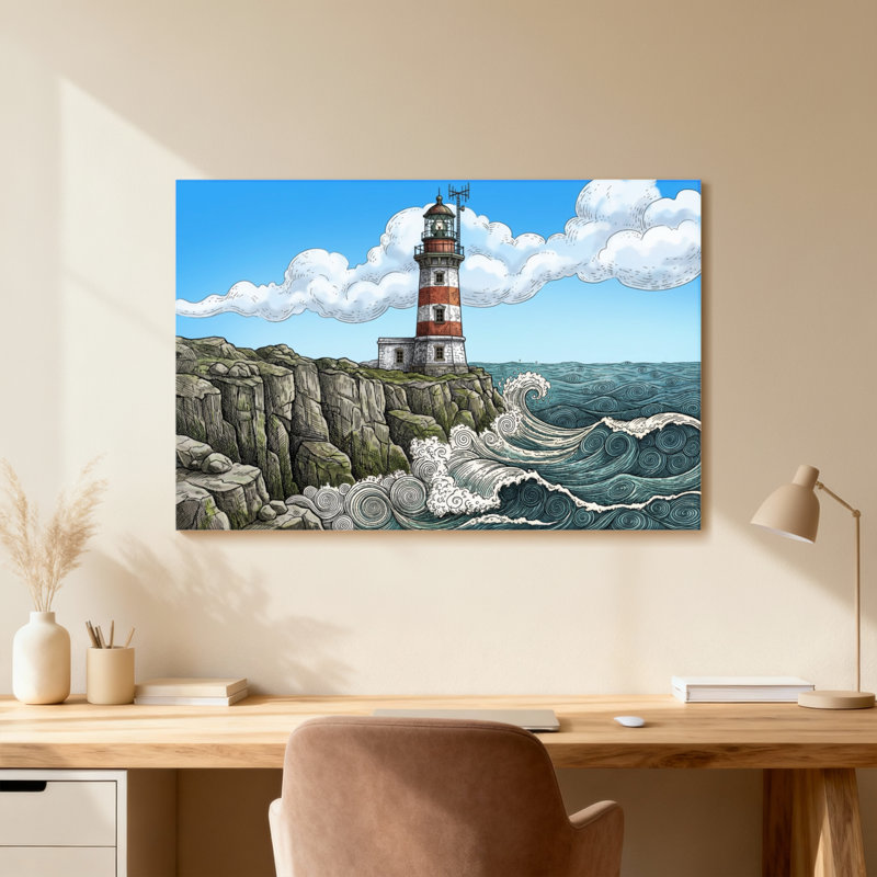 Phare sur la côte rocheuse avec des vagues, 12" H x 18" W, Grain de bois clair, Cadre photo unique