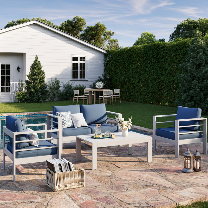 Ensemble de conversation d'extérieur pour quatre personnes avec coussins, Blanc, Bleu