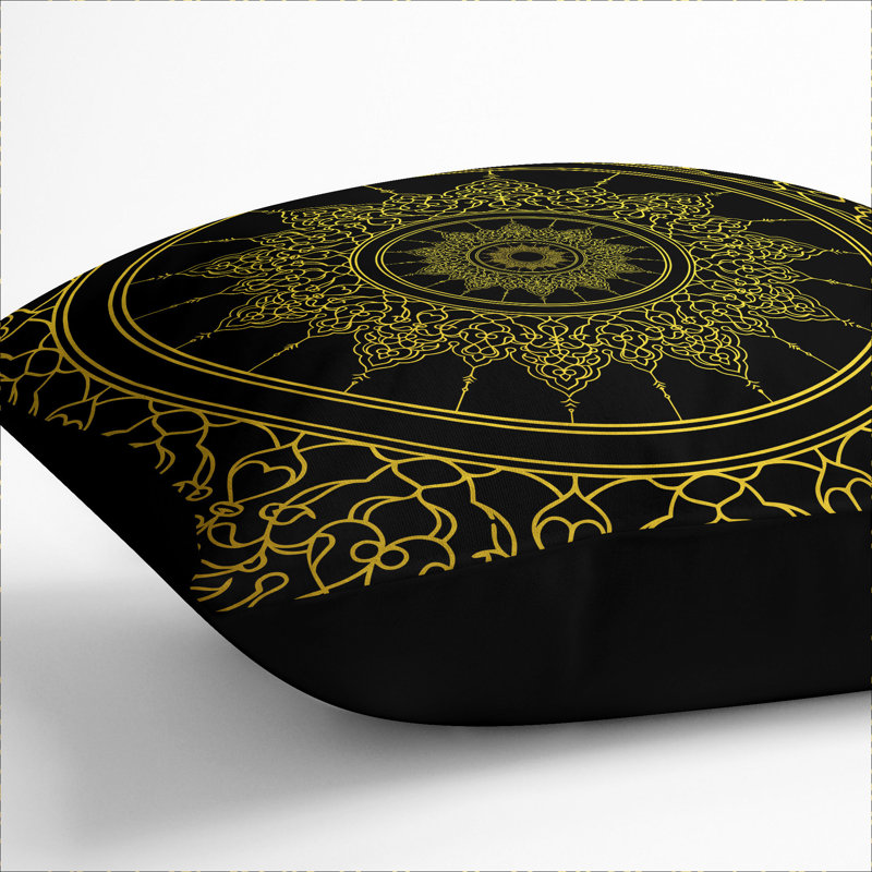 Ornamental Circles In Gold Square Throw Cushion, 40cm H x 40cm W x 15cm D, Black