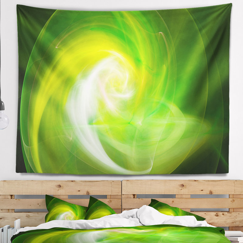 Tapisserie verte à motif abstrait fractal, H 68 po x l 80 po