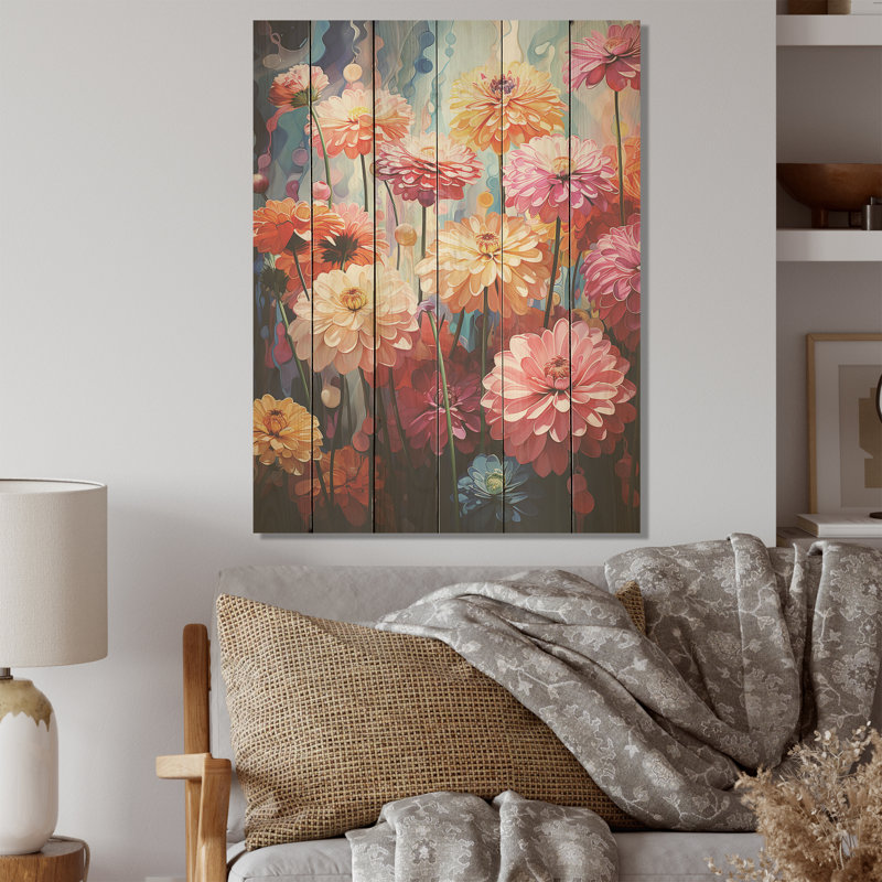 Zinnias champ discret - panneau de bois Zinnias, art mural sur bois de pin naturel, H 40 po x l 30 po