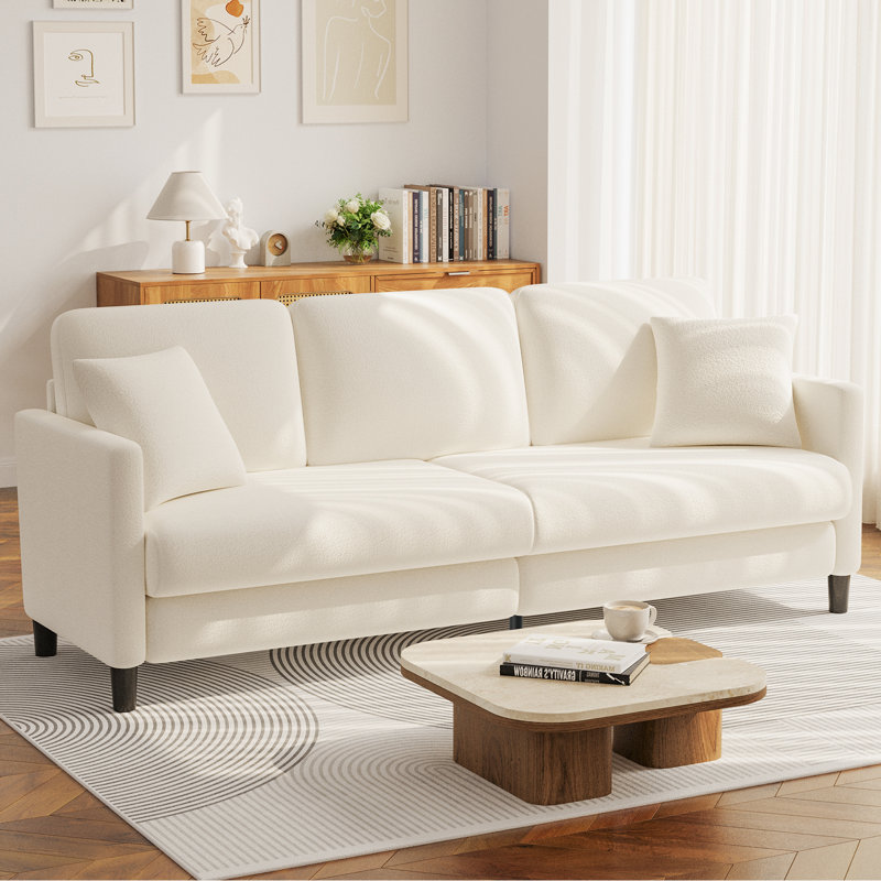Febo 83'' Square Arms Teddy Sofa Solid Wood Frame with Pocket Spring Cushion, Beige Velvet