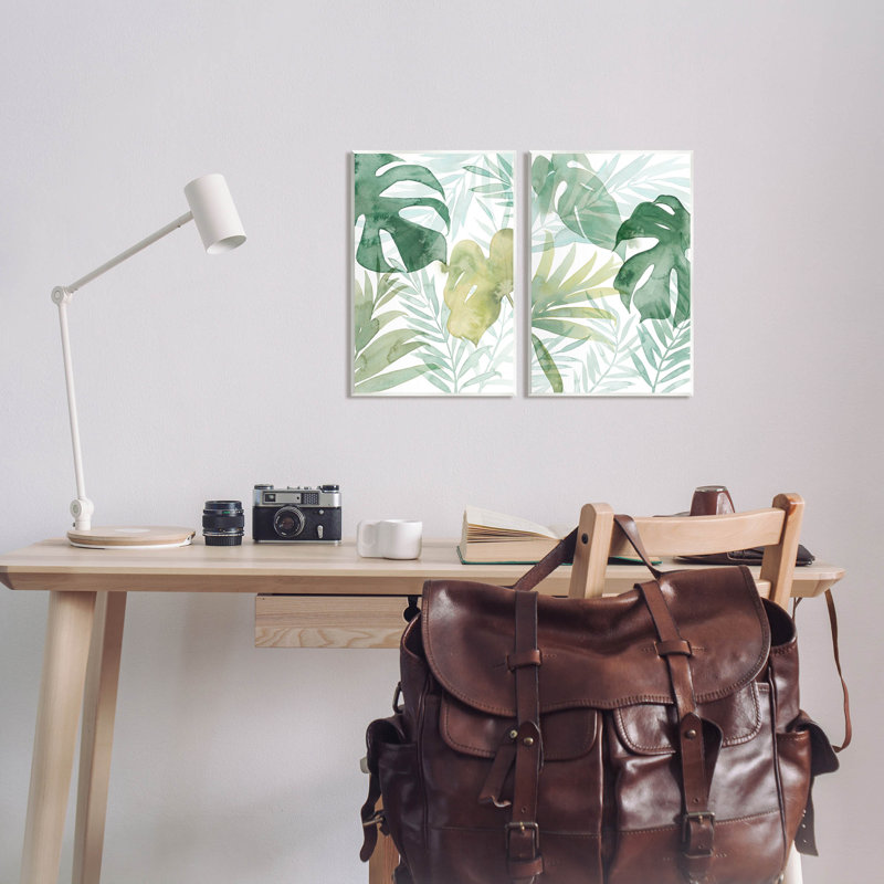 «Layered Green Plant Leaves», ensemble de 2 plaques murales par Grace Popp, H 15 po x l 20 po x P 0,5 po, Plaque murale