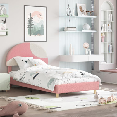 Structure de lit simple avec tête de lit - Conception en arc rembourré rose et blanc doux, lit à lattes en bois pour enfants sans sommier, assemblage facile