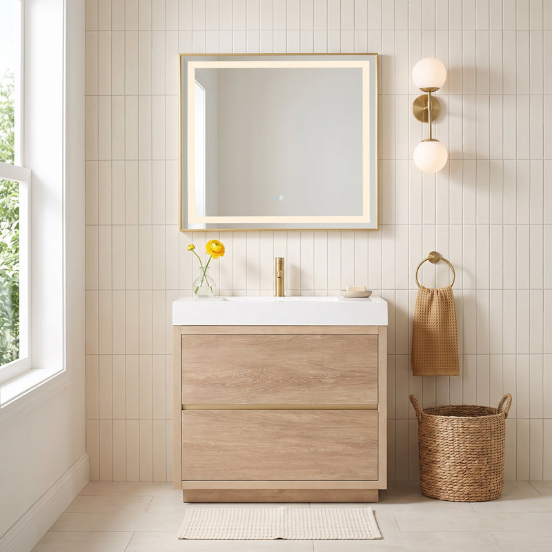 Beira Single Bathroom Vanity with Composite Top, North American Oak, White, 36"