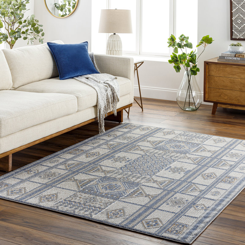 Rectangle Geometric Machine Woven Polypropylene Area Rug in Blue, Rectangle 5'3" x 7'