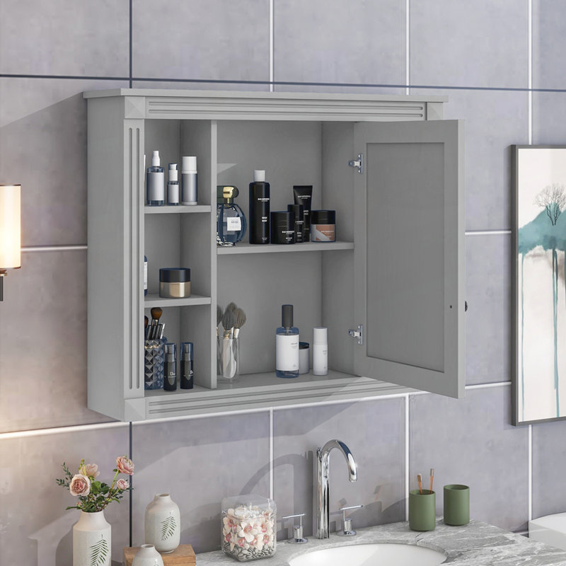 Armoire de rangement murale avec miroir, 6 tablettes ouvertes, conception moderne pour une organisation et une intimité accrues