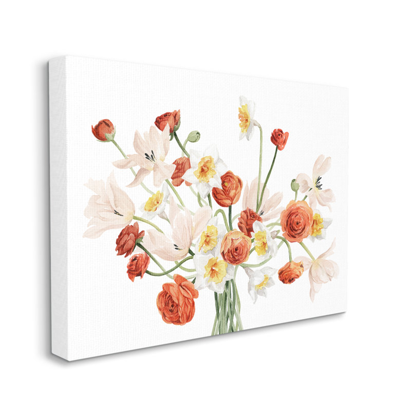 Minimal entrelacé orange bouquet de fleurs blanches par Grace Popp - Peinture, Toile tendue, H 30 po x l 40 po x P 1,5 po