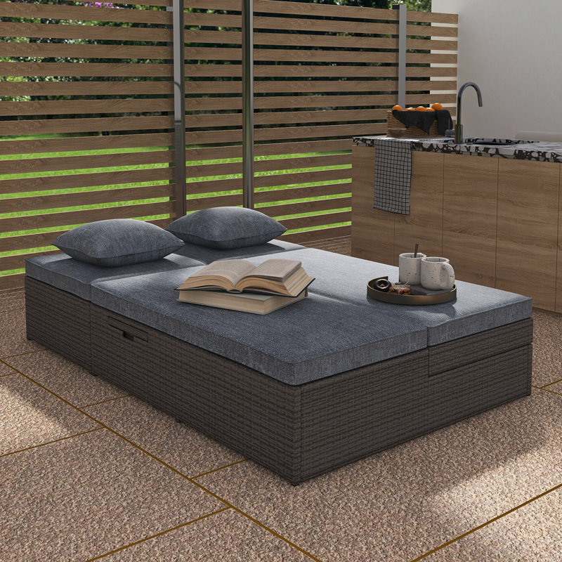 Double chaise longue d'extérieur en rotin d'extérieur, Gris