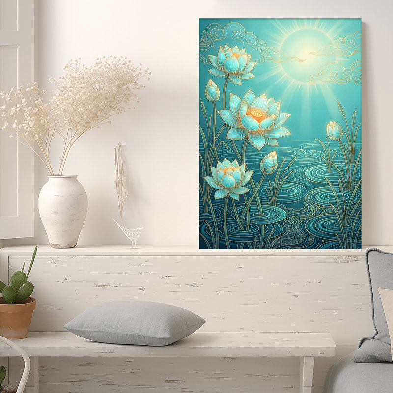 «Blue Lotus Flowers in Turquoise Water with Gold Outline», art mural sur toile, 36"H x 24"W