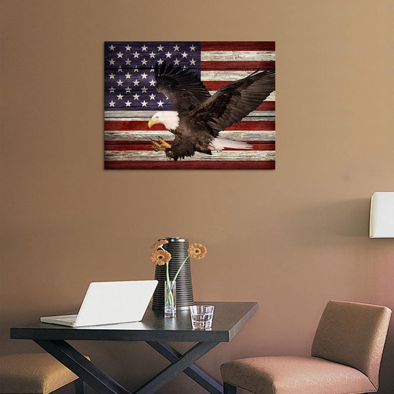 «Rustic American Flag Bald Eagle», art mural patriotique rouge et bleu sur toile pour salon, chambre à coucher, décor de bureau