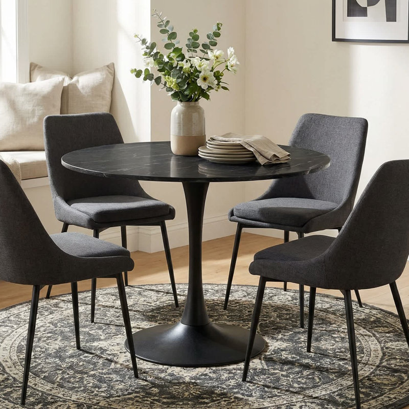 Table de salle à manger ronde élégante noire 40 po avec plateau en marbre moderne et base piédestal