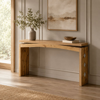 Light Oak Retractable Console Table, Double-Layer Top, Wavy Apron, Ultra-Slim Narrow