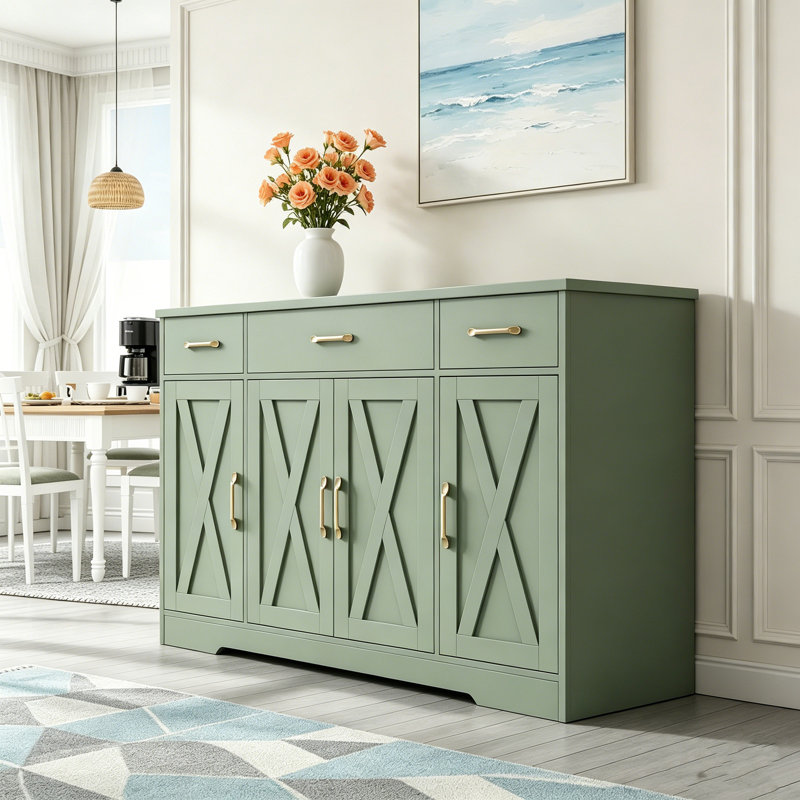 Buffet avec tiroirs, armoire de rangement avec tablettes et portes, table de bar pour la cuisine et la salle à manger, Vert