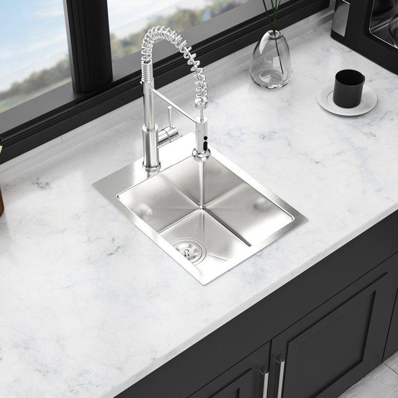 Calibre 16, acier inoxydable T304, sur comptoir, cuve simple 15 x 20 po, évier de cuisine, conception insonorisée, finition rayée, système de guidage de l'eau, ensemble de drain, évier en acier à pince