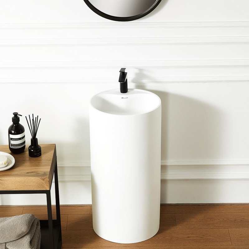 Lavabo de salle de bain piédestal à surface solide Modern Luxury 66S - 08, largeur 18,22 po, couleur blanc mat, trop-plein, facile à installer pour 08 en blanc, dimensions, qualité et utilisation de l'espace