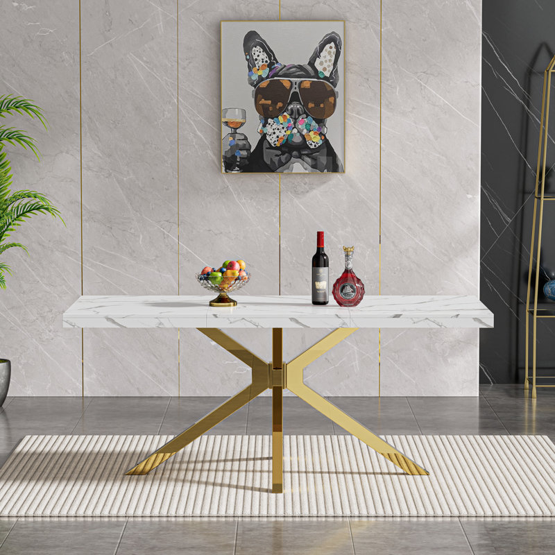70" Large Dining Table, Luxurious White Table With Printed Marble Top And Stainless Steel Pedestal, Modern Rectangular Marble Printed Kitchen Table