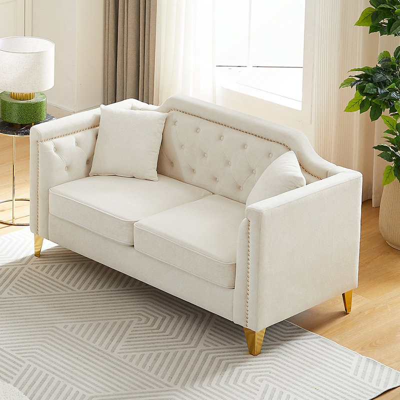 " mid-century modern chenille sofa | tufted buttons & copper nail armrest | 2 pillows | metal legs | stylish living room couch