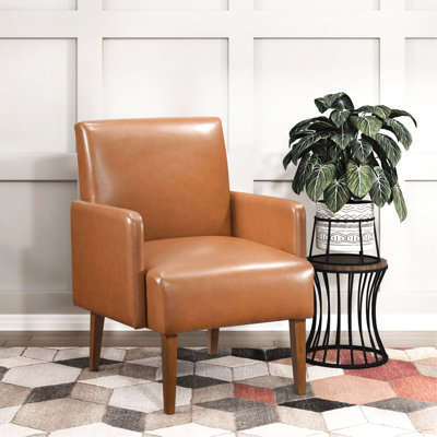 Siège d'appoint de salon, conception moderne de style Mid-Century, similicuir brun, pieds en bois massif, finition noyer, siège d'une largeur de siège de 21 po, pieds de finition, capacité de poids de 300 lb, 25,5 po x 28,5 po, 34,5 po
