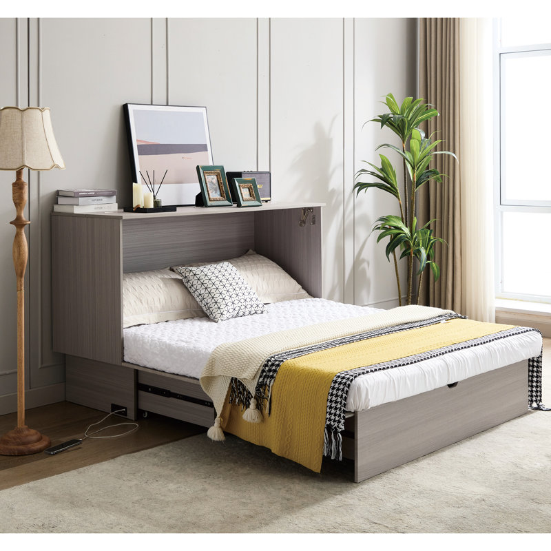 Armoire de lit moderne, gris, avec espace de rangement, grand lit pour matelas et station de charge, option de compartiment