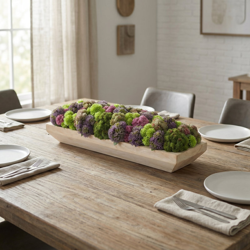 Assorted Sedum and Moss Arranged in Wood Planter, Green/Purple