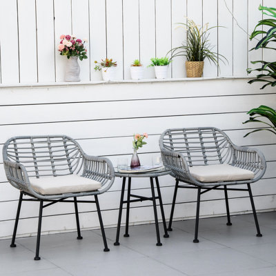 Bistro d'extérieur 3 pièces, meubles en PE avec coussins, style moderne pour le jardin, le porche, la piscine, la cour, la pièce blanc crème, coussins et table en verre trempé, splendide