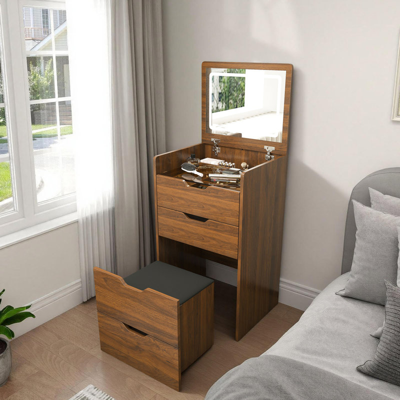 19"W 3-in-1 Flip Top Vanity Desk with Lighted Mirror & Stool, Walnut