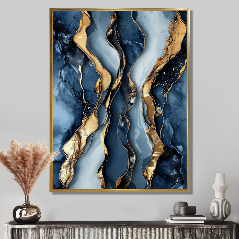 Impression sur toile Coastal Waterfall Of Marble I - Shapes, H 44 po x l 34 po, Reproduction avec cadre flottant, Doré