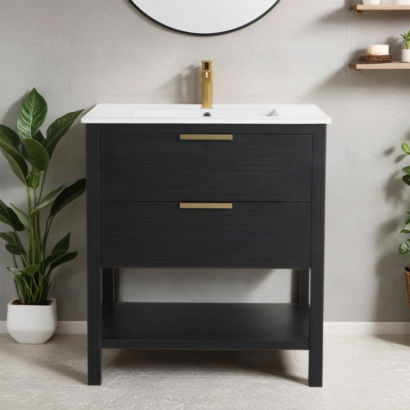 Selda   30.04 " W Free Standing Wall Mounted Single Double Single Vanity Bathroom Vanity With Ceramic Top, Glossy White, Gold