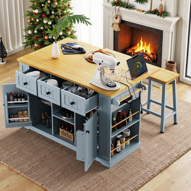 Chariot mobile pour îlot de cuisine avec abattant, prise électrique, supports, Gris + bleu
