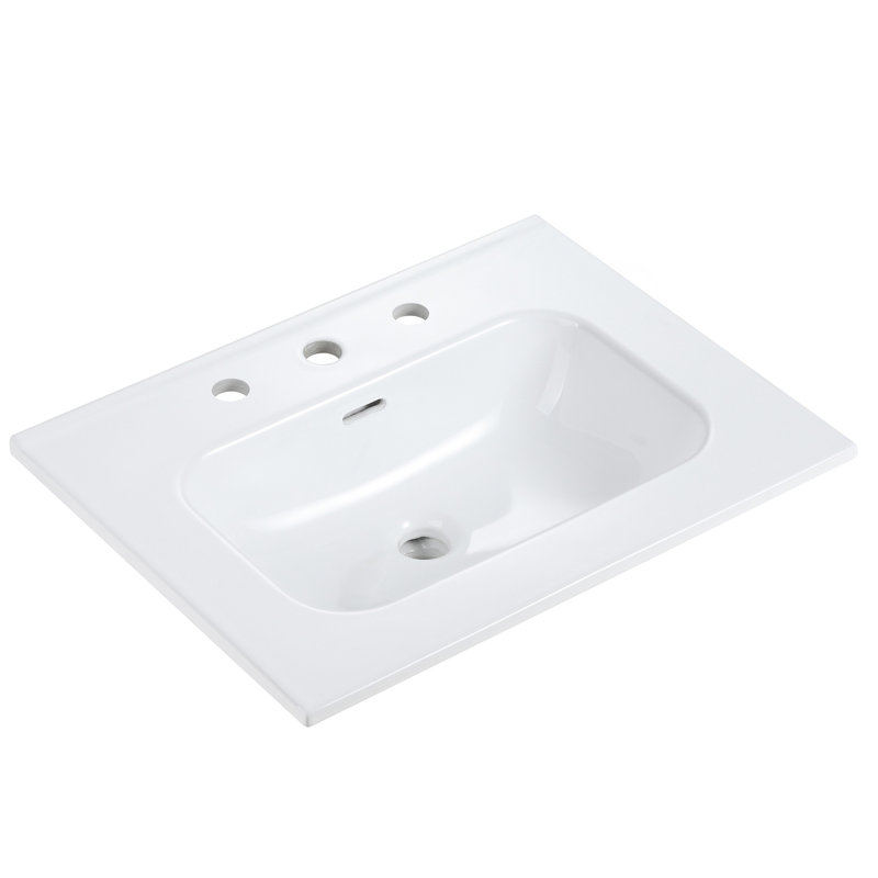Lavabo intégré en céramique blanche avec trois trous de robinet pré-percés, ensemble de drain non inclus