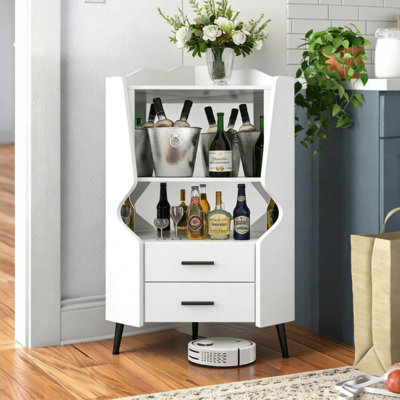 Corner Bar Cabinet With Mirrored Back, 2 Open Shelves & 2 Drawers, Buffet Sideboard With High Legs