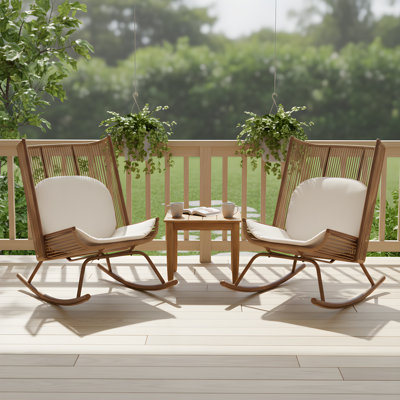 Rachel Outdoor 3-Piece PE Rattan Conversation Set With Cushions & Acacia Wood Top