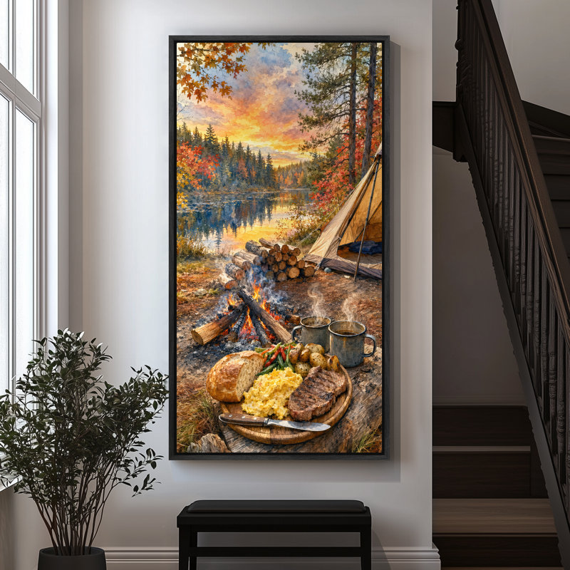 «Cozy Camping Trip By Forest Lake Campfire Scene», impression sur toile encadrée, H 60 po x l 30 po x P 1,5 po, Noir