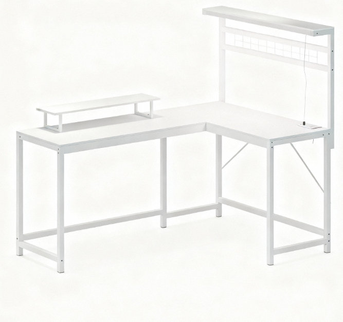Bureau d'ordinateur, bureau de jeu en L avec prises de courant et lumières à DEL, avec support pour écran et tablette pour unité centrale