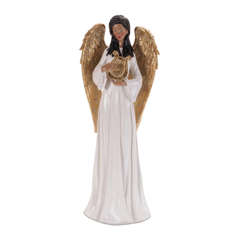 Figurine d'ange avec harpe et ailes dorées