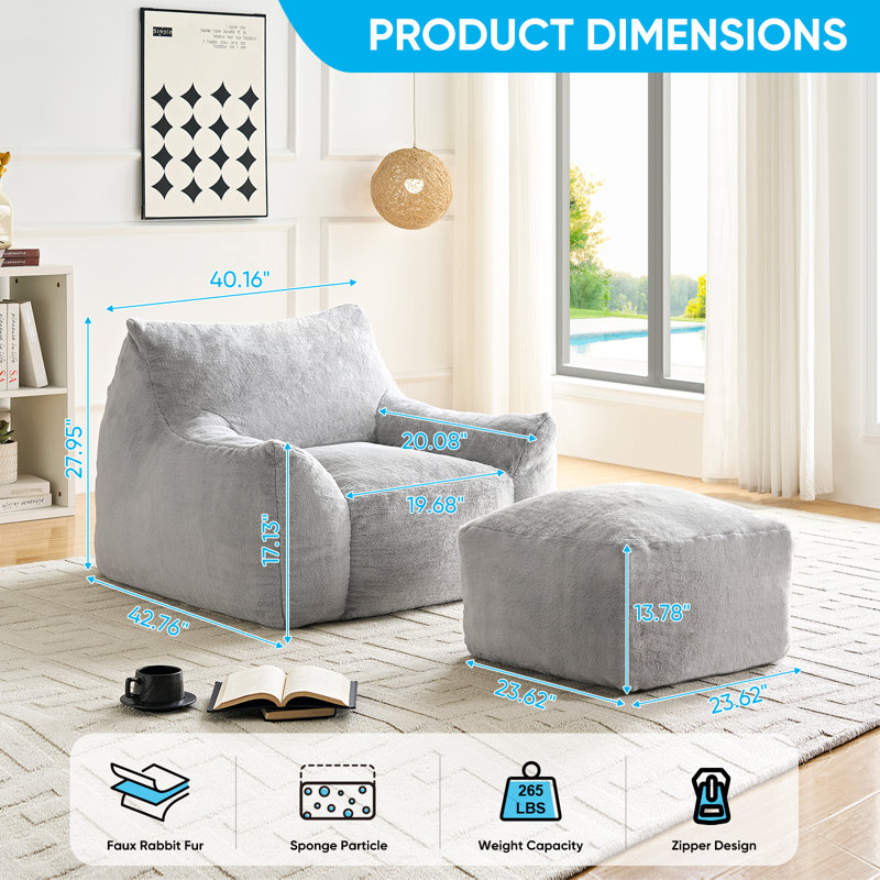 Comfy Large Bean Bag Sofa With Ottoman & Armrests For Adults, Gray  Fabric