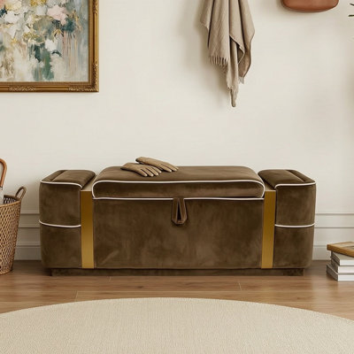 Upholstered Storage Ottoman Bench with Lift-Top Hidden Compartment and Metal Accents for Bedroom or Entryway
