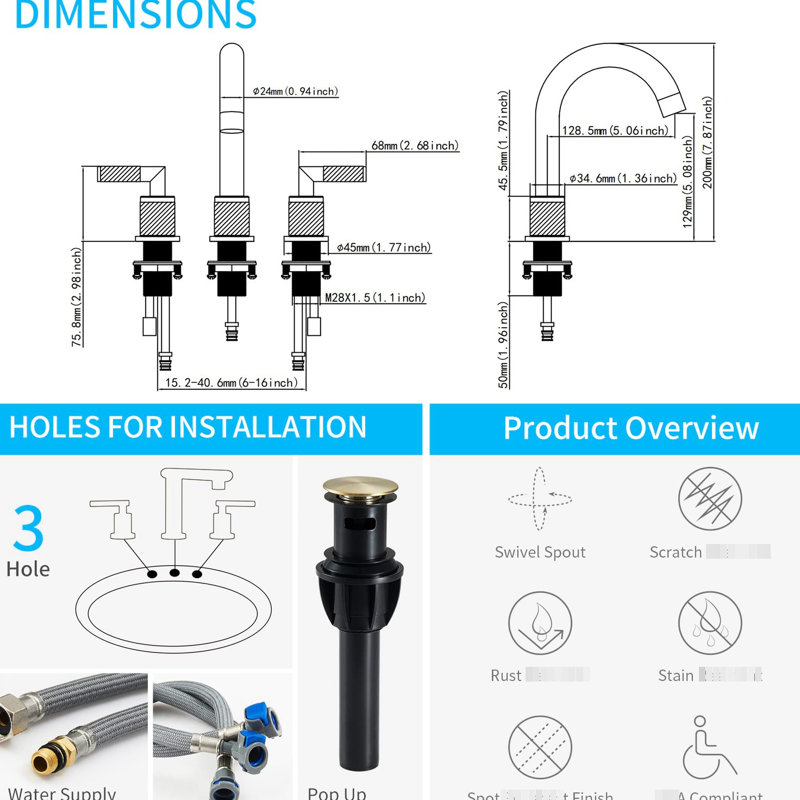 Robinet de lavabo pour salle de bain à 2 poignées en or brossé à 2 poignées de 8 pouces, 3 trous en acier inoxydable avec drain escamotable et tuyaux d'alimentation en eau, fonction de rotation à 360 ° et fonctionnalité de tournage