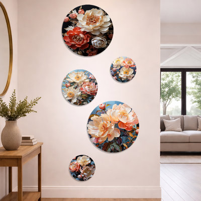 Pivoines colorées en pleine floraison V - ensemble de 5 pivoines - ensemble de 5 décorations murales en métal campagnard