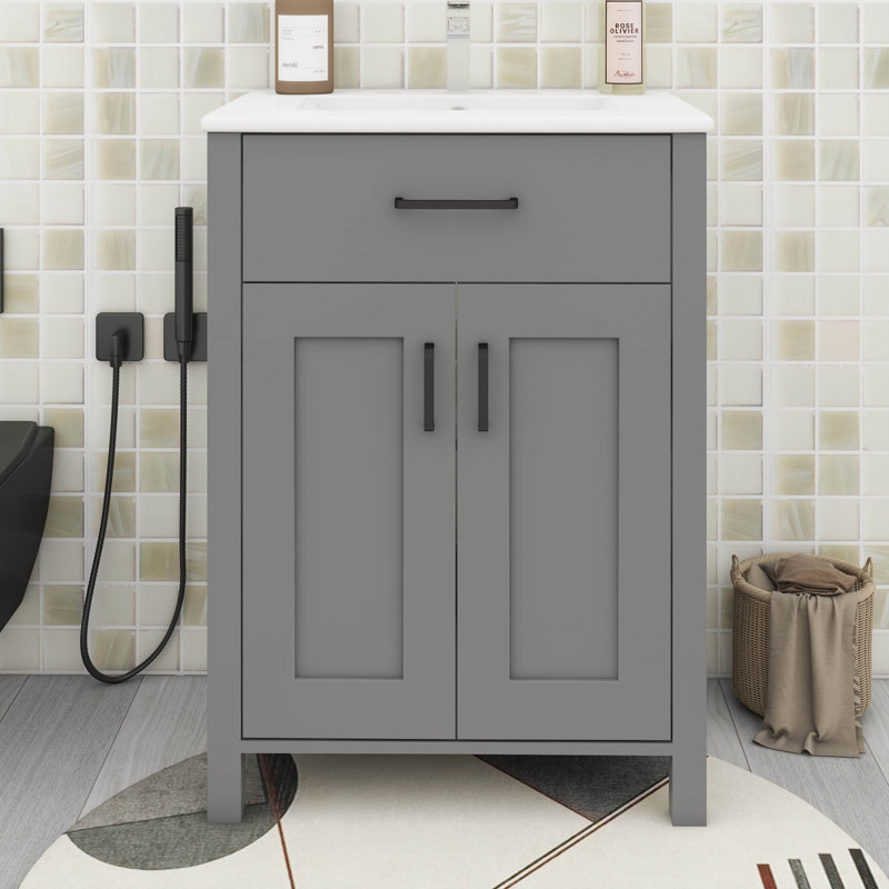 Armoire de salle de bain 24 po avec lavabo en céramique, étagère à deux niveaux avec tiroir basculant
