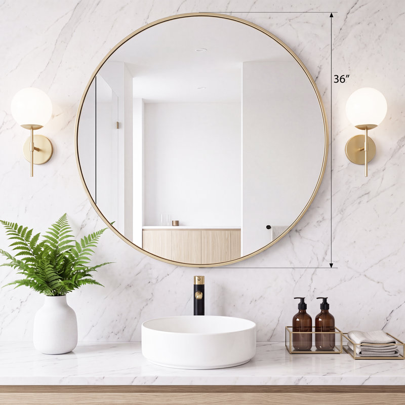 Metal Round Wall Mirror, Gold, 36" x 36"