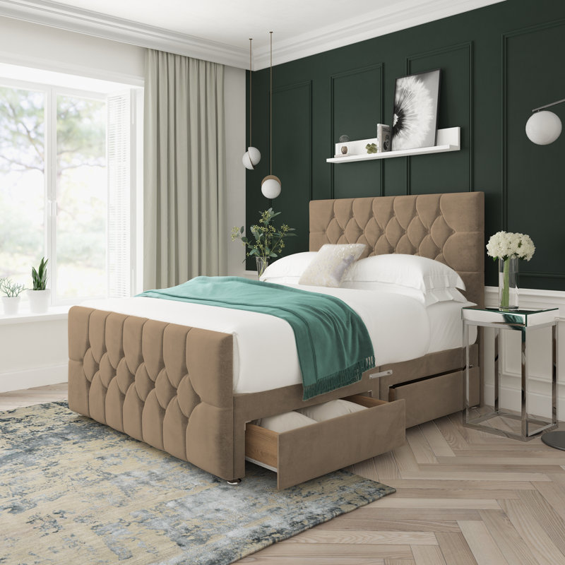 Upholstered Divan Bed, Small Double (4'), 4 Drawers, Mink