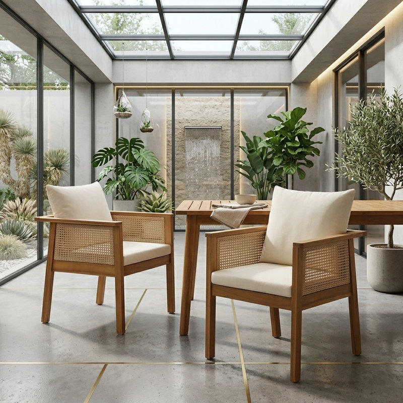 Chaise de salle à manger d'extérieur avec coussins Cunningham (ensemble de 2) - Bois d'acacia durable avec dossier en rotin tissé à la main
