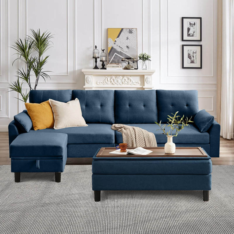 Canapé de 102,4 po de largeur avec repose-pieds et banc long avec table basse, Mélange de polyester bleu